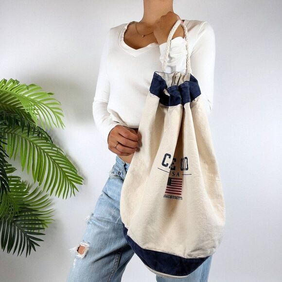 Vintage Beige Boho Cape Cod MA Beachy Coastal Chic Drawstring Sack Backpack - Picture 8 of 8